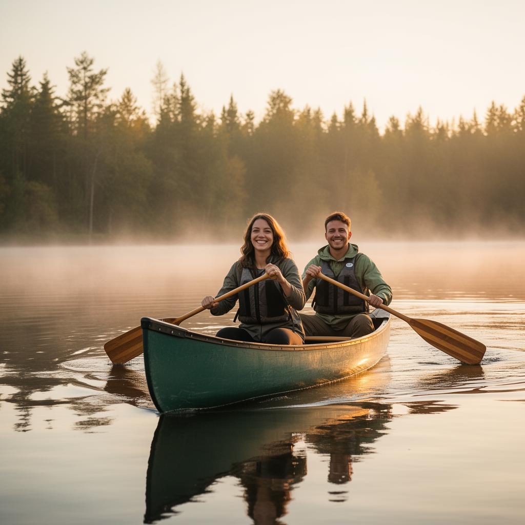 Two friends paddling a canoe at sunrise