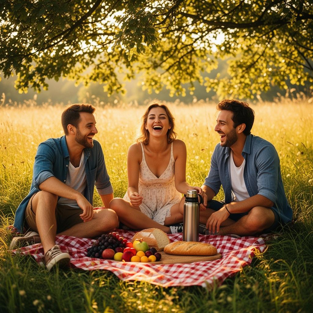 Three friends laughing together at a picnic
