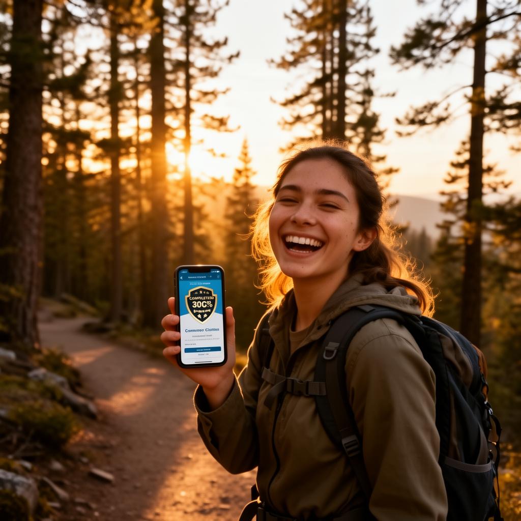 A hiker proudly showing off a freshly earned quest badge on a forest trail